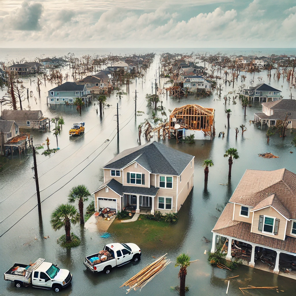 Flooded Coastal Neighborhood: A neighborhood in Florida severely affected by the hurricane, with homes submerged in water, debris scattered, and rescue workers helping restore power. This image represents the devastating effects of Hurricane Milton on coastal areas.