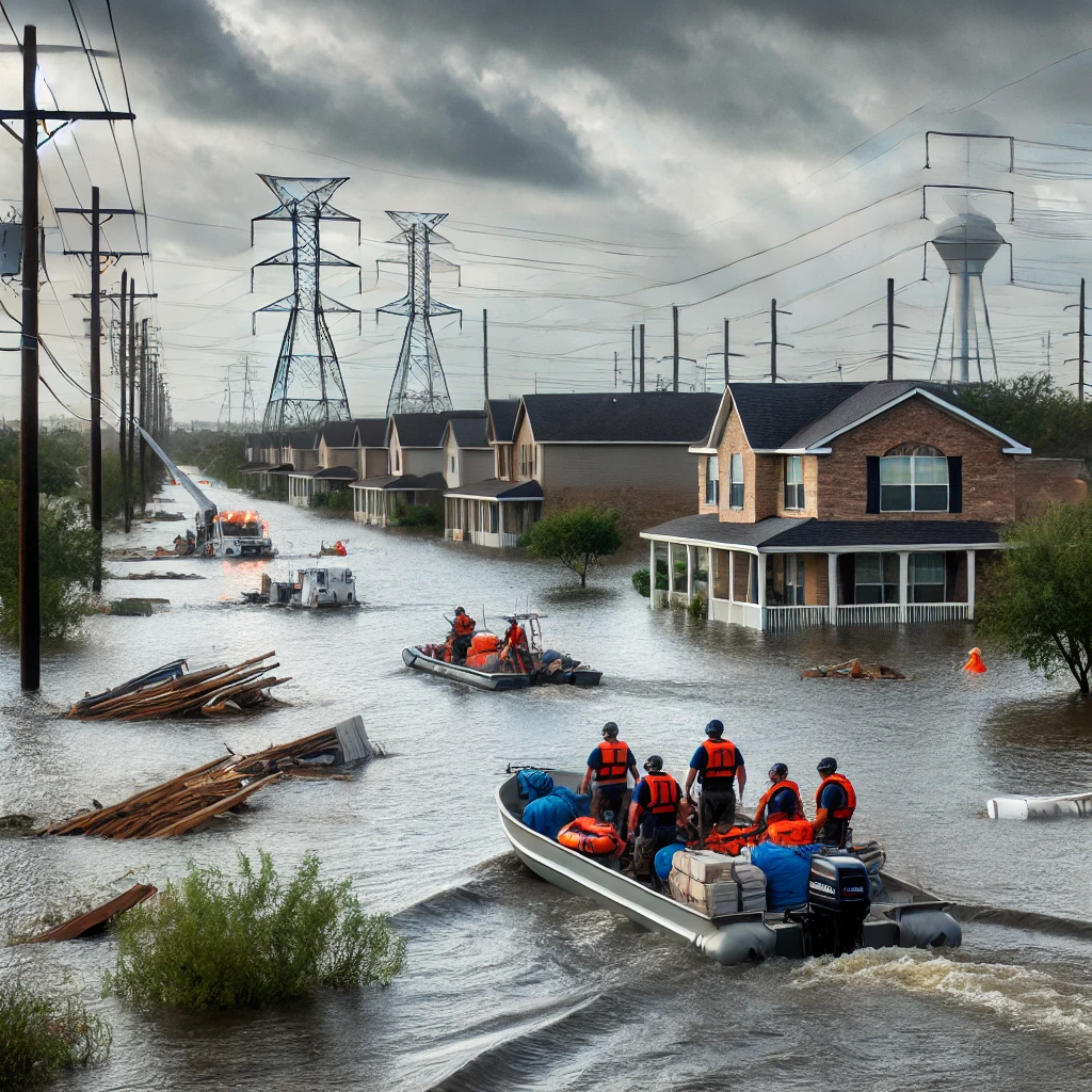 Rescue Operation in Progress: Rescue operation in progress in Florida after Hurricane Milton. Emergency workers in boats evacuating residents from flooded homes, with utility workers restoring power in the background under stormy skies.