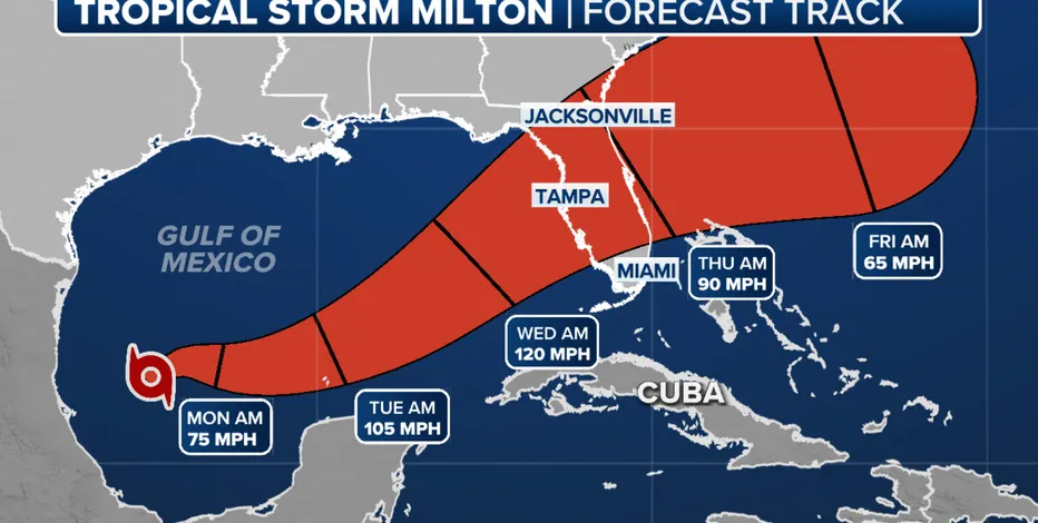 map of places to be hit by hurricane milton and areas affected by this.